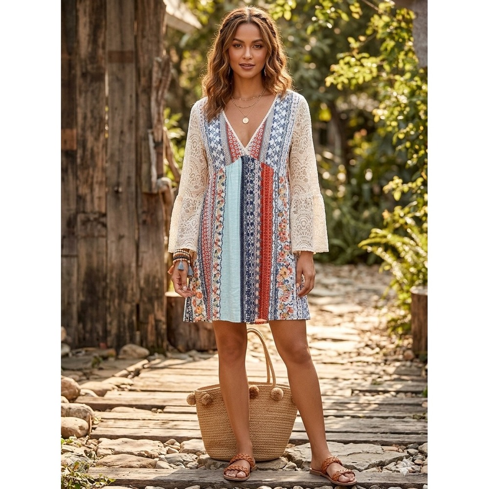 Kori America Boho Mixed Patchwork Lace Bell Sleeve V-Neck Mini Dress Large
